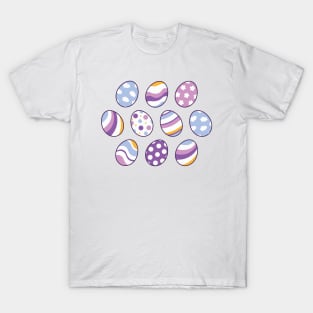 Egg Pattern | Purple Orange | Stripes Clouds Flowers Dots | White T-Shirt